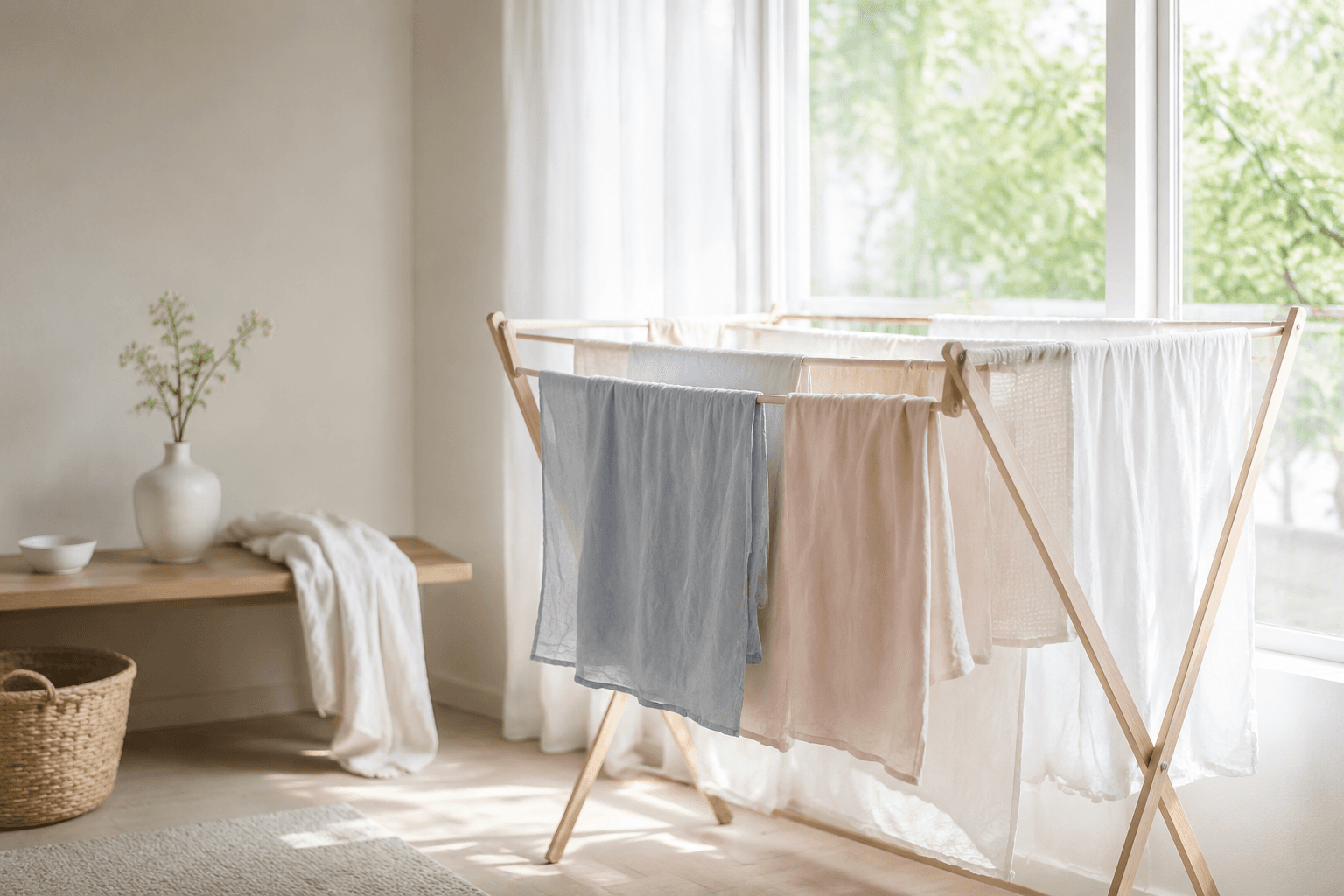 Soft linen drying in bright Scandinavian daylight