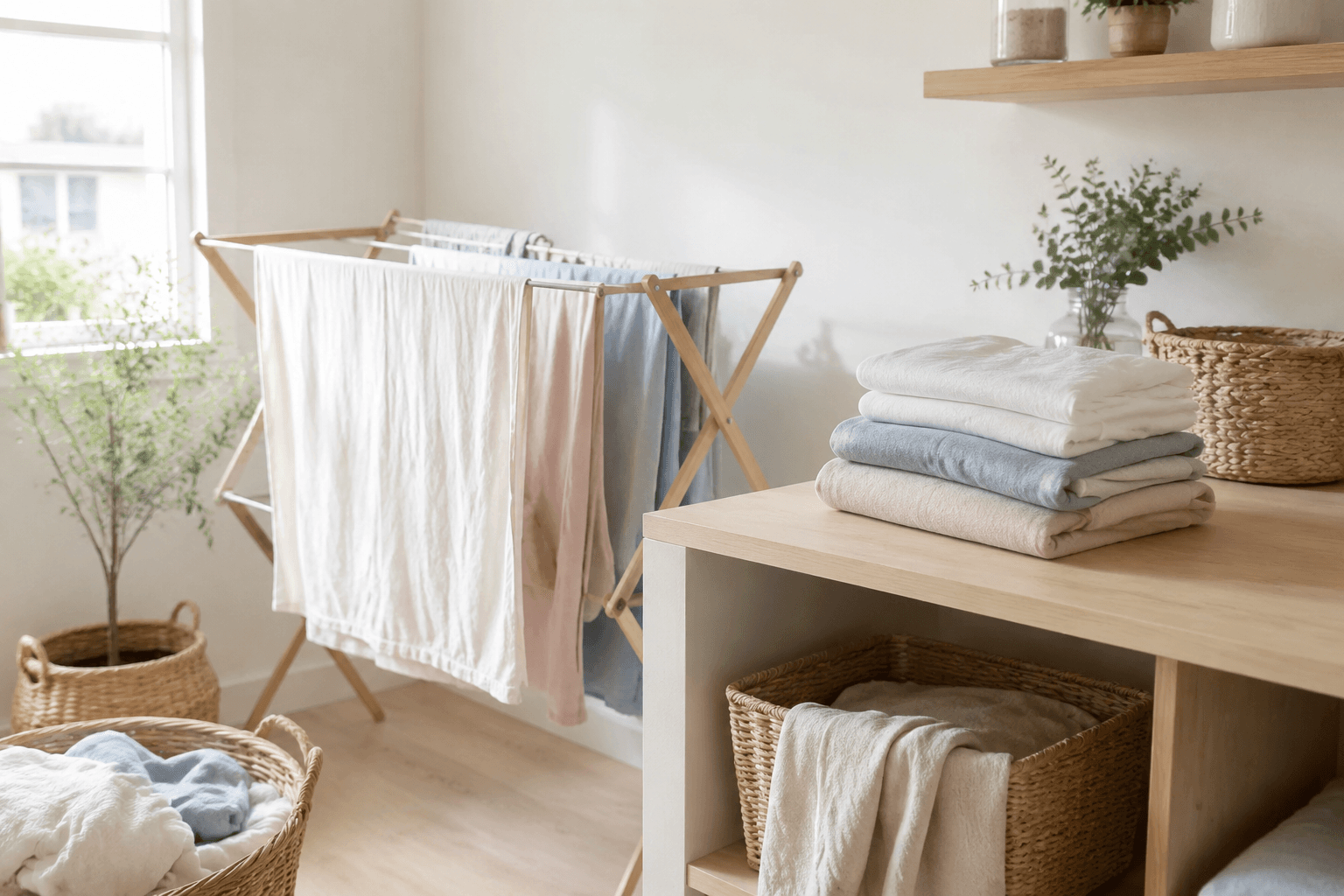 A bright, airy laundry corner